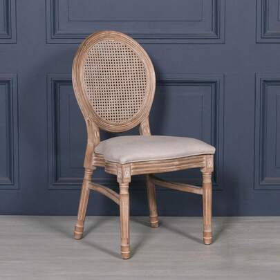 Stkable French Style Bergere Wooden Dining Chair Linen Upholstery Rattan Bk