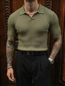 Men's Ribbed Airplane Collar Polo Knit Shirt, Short Sleeve, Summer Fashion - Army Green - View 3