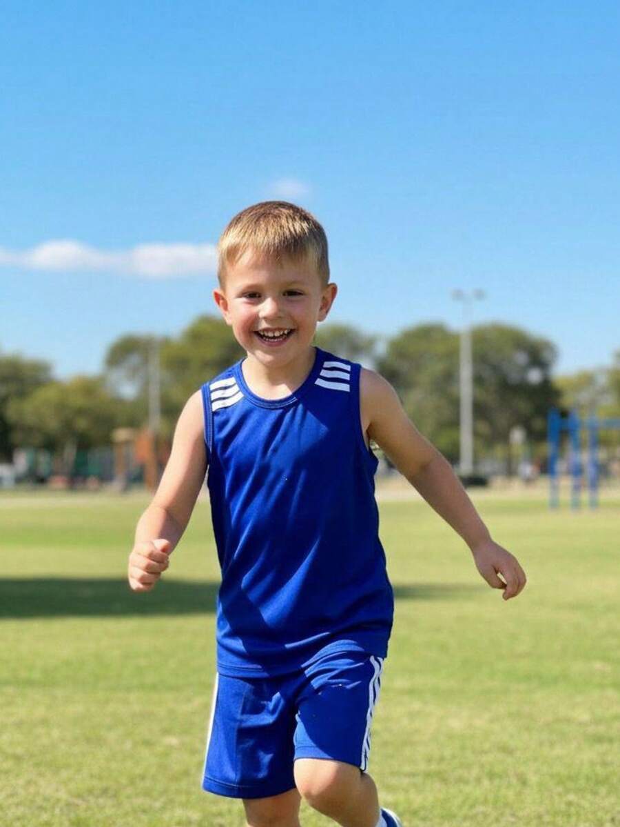 Boys' Premium Soccer Jersey And Shorts Set With Sleeve Detail And Lightweight Fabric - 藍色 - 查看 1