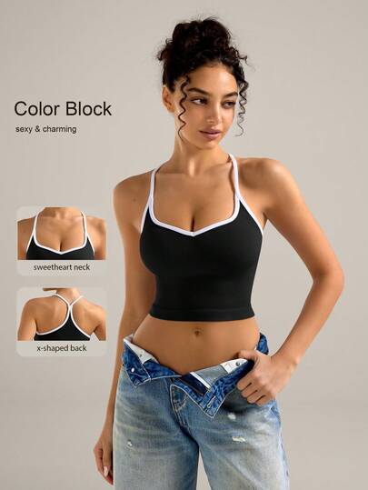 VVX Camiseta corta de mujer con cuello corazón y bloques de color, tirantes finos, espalda descubierta, para hacer ejercicio, yoga, deportes, camisola Y2K sin costuras acanalada, casual, suave, para usar en el gimnasio y diariamente en todas las estaciones