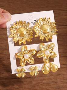 1/4 par de aretes geométricos con diseño de girasol, flor de cinco pétalos y gota de agua chapados en oro, joyería de verano para mujer, regalo para ella y mamá - Amarillo Oro - Ver 1