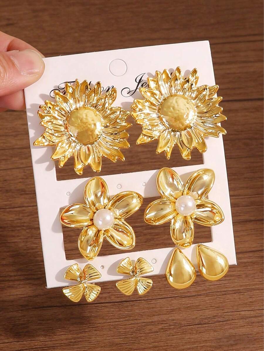 1/4 par de aretes geométricos con diseño de girasol, flor de cinco pétalos y gota de agua chapados en oro, joyería de verano para mujer, regalo para ella y mamá - Amarillo Oro - Ver 1