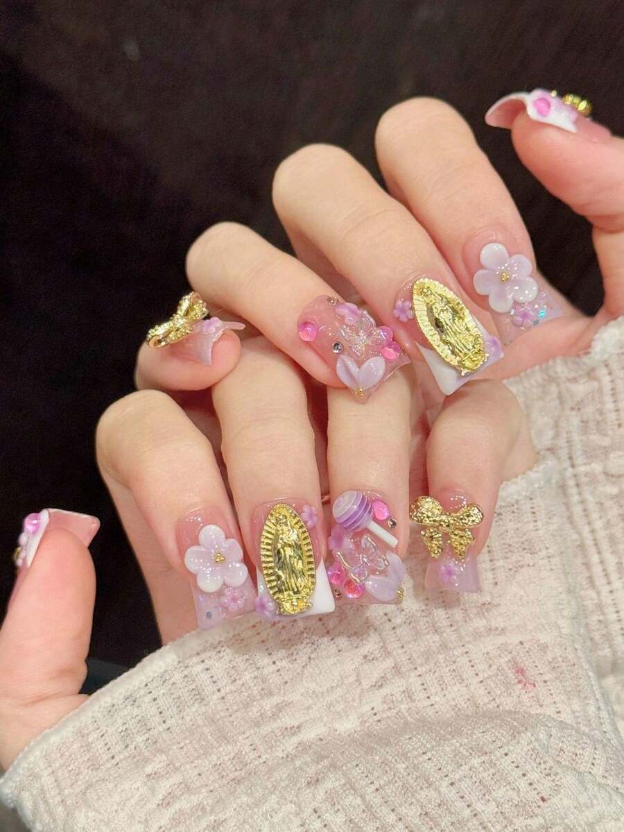 10片/套 手工制作鸭子/喇叭造型Y2K风格粉色美甲贴纸，包含糖果、浅紫色花瓣、金色蝴蝶和金色蝴蝶结图案，适合女性和女孩，4种尺寸可选，是派对、庆典和日常佩戴的理想之选。附赠美甲工具，是送给女性和女孩的完美礼物。手工美甲贴纸