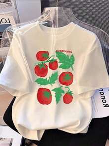 Solt 1pscCamiseta de manga corta con estampado de lazo, de corte holgado, casual de color rojo para primavera/verano100%cotton graphic - Blanco 3 - Ver 7
