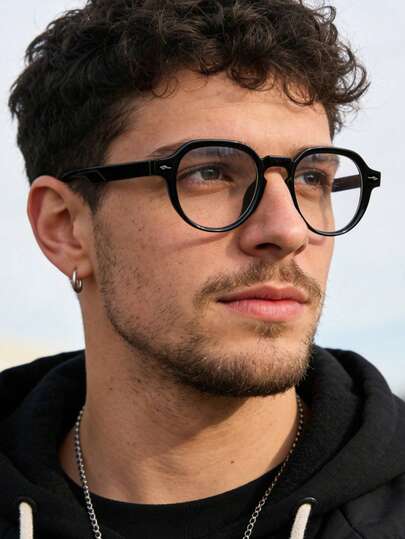 1副男士时尚眼镜框，复古圆形纯色镜框，轻盈PC材质，复古街头风，适合日常工作、学习和通勤，附赠眼镜盒