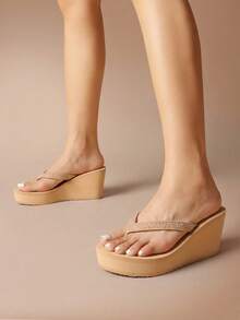 Women Wedge Flip Flops Platform Thong Sandals Summer Vacation Rhinestones Arch Support Comfortable Soft Cushion EVA Wedge Sandals - Apricot - View 2