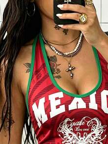 Áo tank top dệt kim ngắn gợi cảm kiểu Mexico World Cup 2026, họa tiết chữ bóng đá, phong cách thường ngày đi nghỉ mát, trang phục đi biển mùa hè màu đỏ. - Đỏ - Xem 3