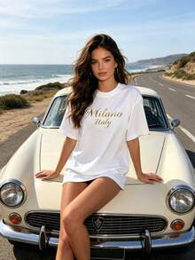 Women'S Soft & Versatile-Shirt With Elegant ITALY Letter Print Comfortable Round Neck, Short Sleeve Casual Top All Seasons, Versatile Tshirt   Script Font Top   Simple TeSports Short.Conjuntos De Mujer Elegantes,Camisas Para Mujer,Vacation Outfits Women,Summer - 白色 - 查看 2