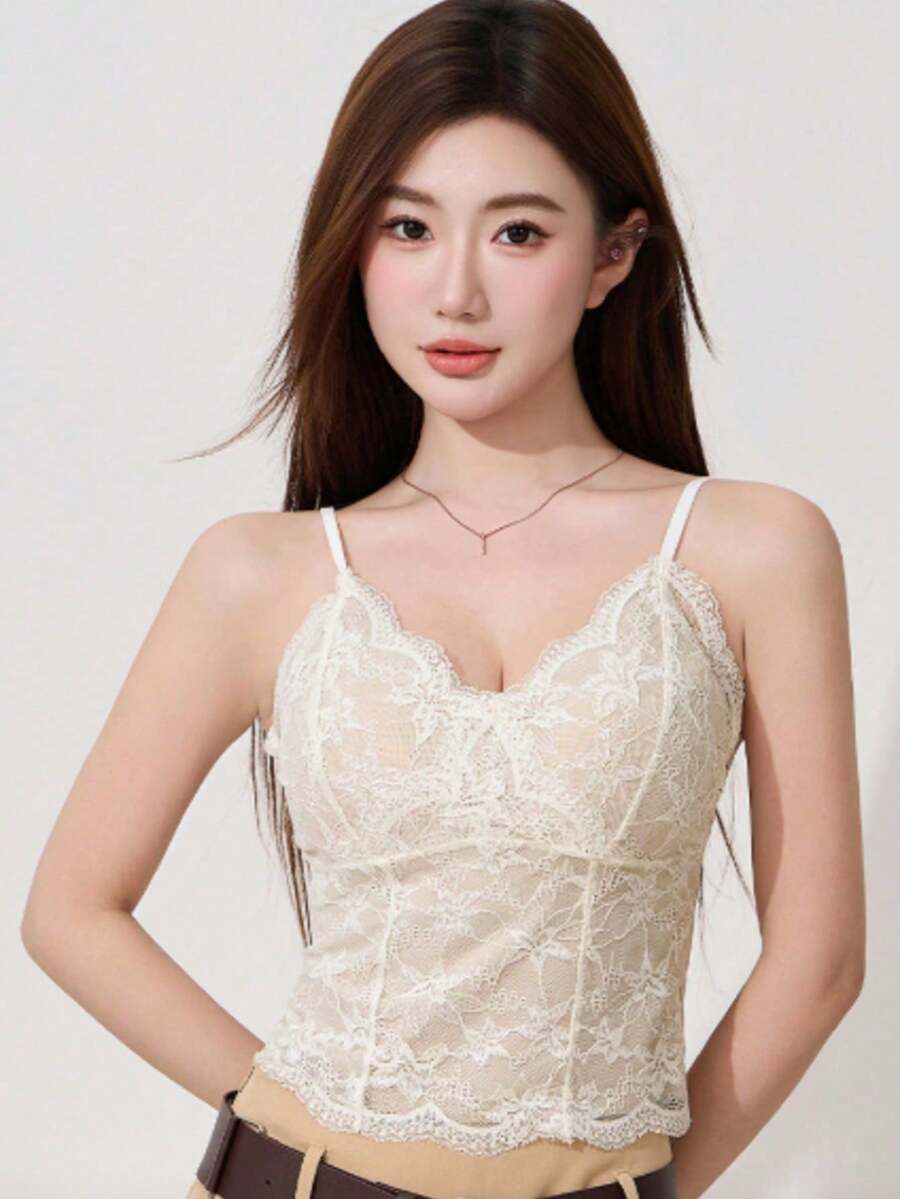 RUIWY 法式磨毛蕾丝性感吊带背心，提胸露背修身休闲背心 - 米色 - 查看 1