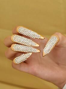 5 piezas Anillos de dedo abiertos con brillantes de moda, accesorios para uñas - Dorado - Ver 3