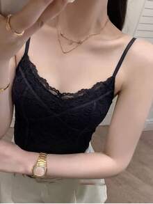 New Summer Design Lace Trim Asymmetric Hem Padded Camisole Tank Top For Women Casual Black - Black - View 3