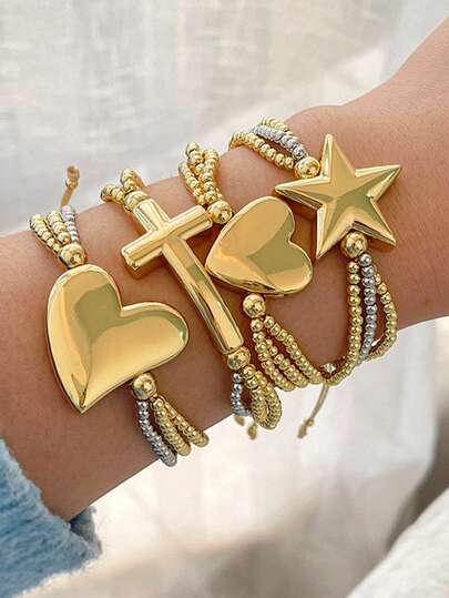 1 件。这款独具创意且时尚的宗教主题手链采用镀 18K 金的铜材质，搭配多层珠子、十字架、心形和五角星。非常适合女性或情侣日常佩戴，无论是约会、聚会、度假，还是作为礼物，都非常合适。这款精美的波西米亚风格女士手链，融合了宗教主题和心形元素，是馈赠朋友的理想之选。