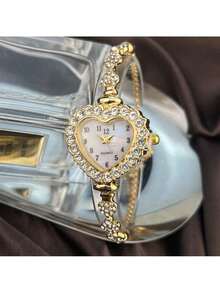 1pc Women's Gold-Color Alloy Bracelet Featuring A Heart-Shaped Watch Case With Arabic Numerals On The Watch Dial, Delicate Quartz Watch With Adjustable Drawstring Strap For Easy Wearing, Suitable For Daily Decoration Holiday As A Gift For Students Returning To School - 金色 - 查看 3