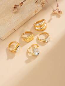 Bộ 5 chiếc nhẫn hở bằng kim loại đính đá hình giọt nước rỗng bất đối xứng hình học sang trọng, thích hợp cho đám cưới, tiệc tùng, kỳ nghỉ, thường ngày, dạo phố, quà tặng sinh nhật cho nữ và các cặp đôi. - nhẫn - Xem 7