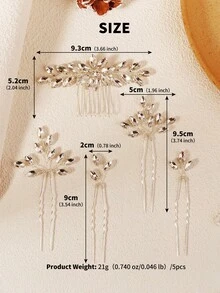 5PCS/SET Silver Rhinestone Bridal Hair Comb & Pins Set, Crystal Leaf Wedding Hair Accessories,Bridal Silver Rhinestone Hair Accessories Set, 1 Hair Comb And 4 U-Shaped Hair Pins,Festival,Birthday - Silver - View 9