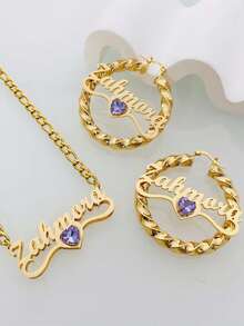 Bộ trang sức khắc tên theo yêu cầu gồm bông tai và dây chuyền, quà tặng trang sức cá nhân hóa. - Kiểu 4 - Xem 14