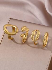 4pcs/Set 18K Gold Plated Stainless Steel Geometric Oval & Heart Shaped Ring Set, Suitable For Women's Daily And Party Wear - Gold - View 2