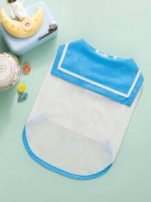海军蓝领薄款透气网眼夏季宠物服装，适合小型犬 - 藍白色 - 查看 4