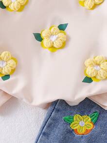 2pcs Young Girls Casual Apricot Short Sleeve Top & Embroidered Denim Long Pants Set, Thin Spring/Summer Outdoor - Apricot - View 5