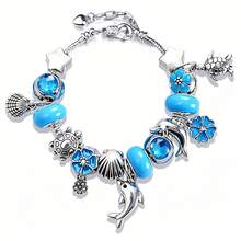 1 件经典蓝色水晶海洋风海豚贝壳海龟动物吊坠手链蓝色花球串珠手链，适合夏季海滩休闲佩戴，可作珠宝礼品 - 海洋系列 - 查看 1