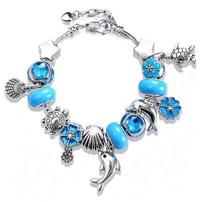 1 件经典蓝色水晶海洋风海豚贝壳海龟动物吊坠手链蓝色花球串珠手链，适合夏季海滩休闲佩戴，可作珠宝礼品