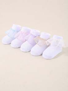 5 Pairs Random Color Baby Girl Socks, Lace Ruffle Design Infant Socks, Suitable For Newborn Toddler, Shower Decoration Gift - Multicolor - View 4
