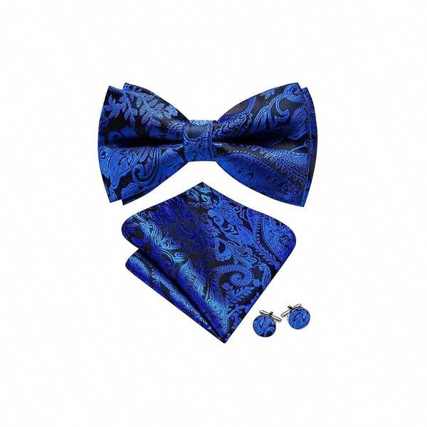 Conjunto de corbata de moño con estampado de cachemira rayada, pañuelo de bolsillo y gemelos de seda para hombre, formal para boda, fiesta o baile