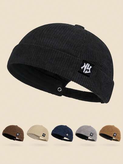 Unisex NY Logo Retro Corduroy Skipper Cap, Adjustable Brimless Vintage Fashion Hat, Versatile For Daily Commute, Gathering, Outing, Streetwear, Motorcycle, All Seasons