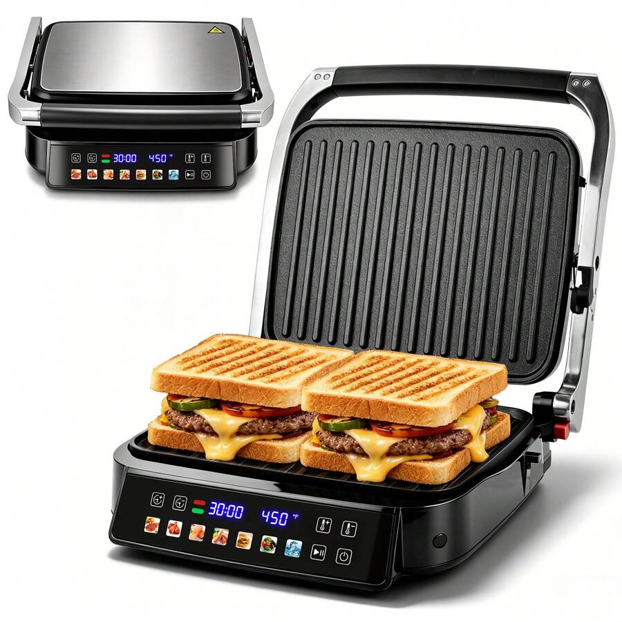 SUSTEAS LCD Sandwich Maker And Breakfast Machine With LCD Temperature Display, 304 Stainless Steel, Ideal For Breakfast, Sandwich Toasting, And Grilling Meat - Black - View 1
