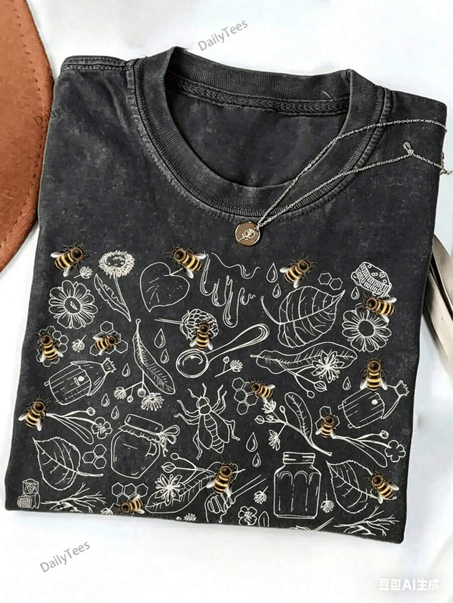 Summer Tops2026Women'S Vintage-Inspired Honey World Print T-Shirt - 230g Heavyweight Washed Wax-Resistant Fabric, Bee & Honeycomb Design With Honeycomb Pattern, Casual Round Neck Short Sleeve Top For Spring Summer Fall, Beachwear & Everyday Outfits, Ideal Gift For Bee Lovers (Green Retro Style), Streetwear Women, Women' Tshirt, Pumpkin Shirt For Women, Summer Clothes For Women, Cute Shirts, Graphic Tees Women, T Shirts For Women, Women'S T Shirt, Womens T-Shirtssummer Clothes Washed Cotton - 黑色 - 查看 1