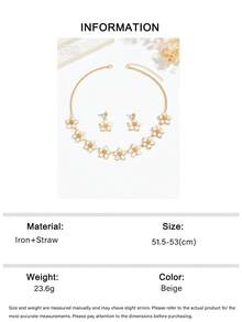 OOQ 一套手工拉菲草五瓣花耳环项链套装，优雅甜美海滩度假旅行首饰套装，适合女性日常佩戴和节日礼物（手工拉菲草编织，形状和方向随机） - 米色 - 查看 7