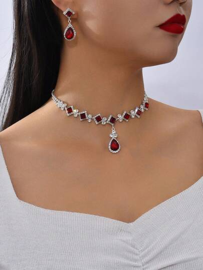 3件套几何不规则形状新娘女士时尚闪亮水晶项链套装，优雅珠宝套装，适合高端晚宴、高端晚礼服、婚礼。