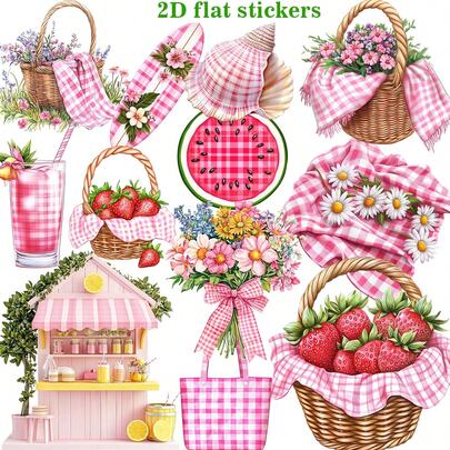 Bộ 20 miếng dán thủ công họa tiết kẻ caro hồng cổ điển, trang trí mùa hè, hình phẳng 2D chống thấm nước, thích hợp cho sổ lưu niệm, sổ tay, nhật ký, và các dự án tự làm.