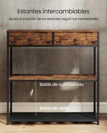VASAGLE Mesa de Entrada Estrecha, Mesa de Consola de 3 Niveles, con 2 Cajones de Tela, 24 x 76 x 80 cm, Marrón Rústico y Negro Tinta - Marrón - Ver 4