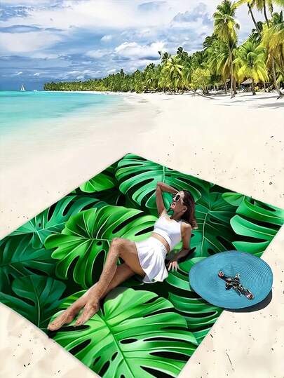 1pc Tropical Leaf & Floral Extra Large Beach Blanket, Sand-Proof Portable Beach Mat, Foldable Outdoor Picnic Carpet, Suitable For Summer Beach, Travel, Camping, Pool Party And Beach Day