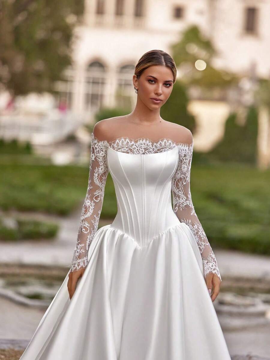 Lace Long Sleeve Satin Wedding Dress – Sheer Lace Sleeves With Strapless Satin Bodice And Full A-Line Skirt, Blending Soft Texture With Tailored Elegance; Fine Lace Detailing Adds Depth While Satin Provides Structured Flow; Ideal For Garden Weddings, Retro Ceremonies, Christmas Gatherings, Halloween Formal Evenings, Prom Nights And Birthday Celebrations – Vintage Inspired With Modern Grace - 白色 - 查看 1