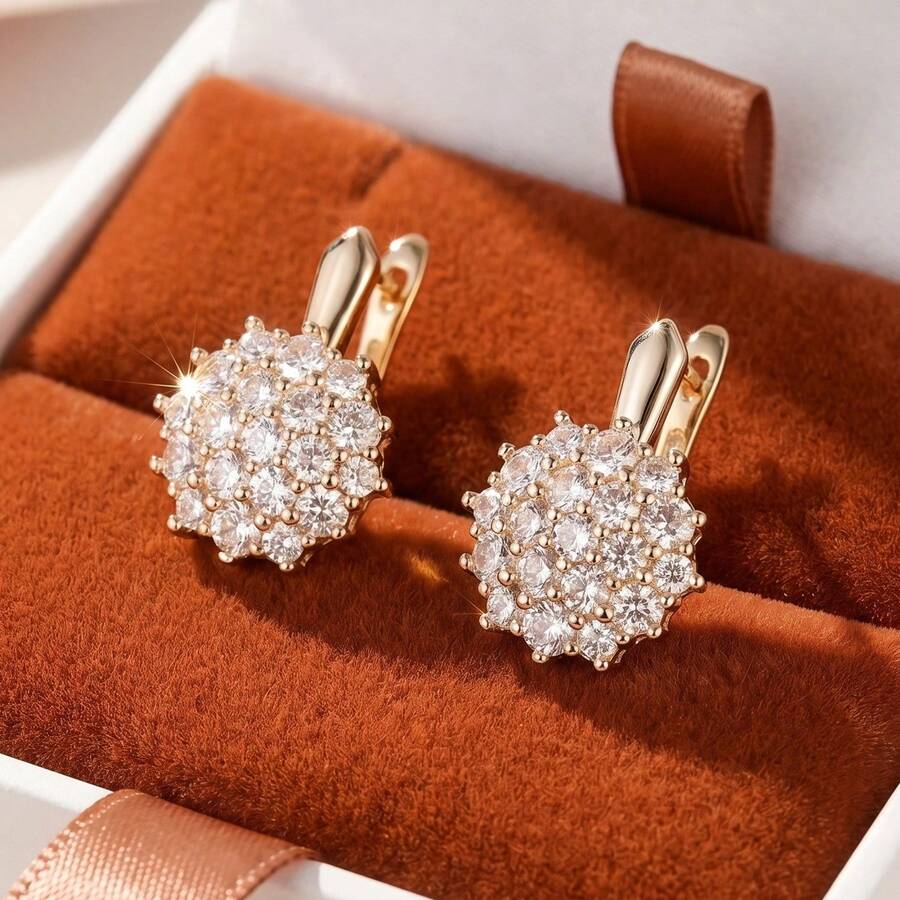 1 Pair Luxury Elegant Style Sunflower Shaped Earrings With Synthetic Cubic Zirconia, Elegant Sexy Floral Stud Earrings, Classic Flower Cluster Design With Multiple Sparkling Cubic Zirconia Closely Arranged, Suitable For Women Seeking Elegant Elegant, Ideal For Wedding, Evening Banquet, Workplace Commute, Anniversary, And Valentine's Day Gift Occasions, Great Choice For Wife, Daughter, Valentine's Day Gift, And Holiday Gift - Multicolor - View 1