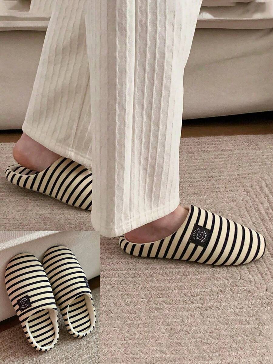 Pantufas listradas unissex, leves, silenciosas e com sola macia, bordado de urso, estilo retrô para ambientes internos, adequadas para todas as estações, pantufas casuais confortáveis e respiráveis.