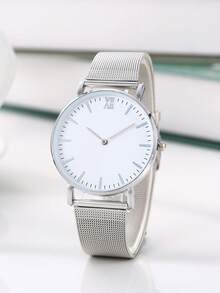 1 pieza Reloj de cuarzo de moda minimalista para hombres con correa de malla/acero - Blanco - Ver 1