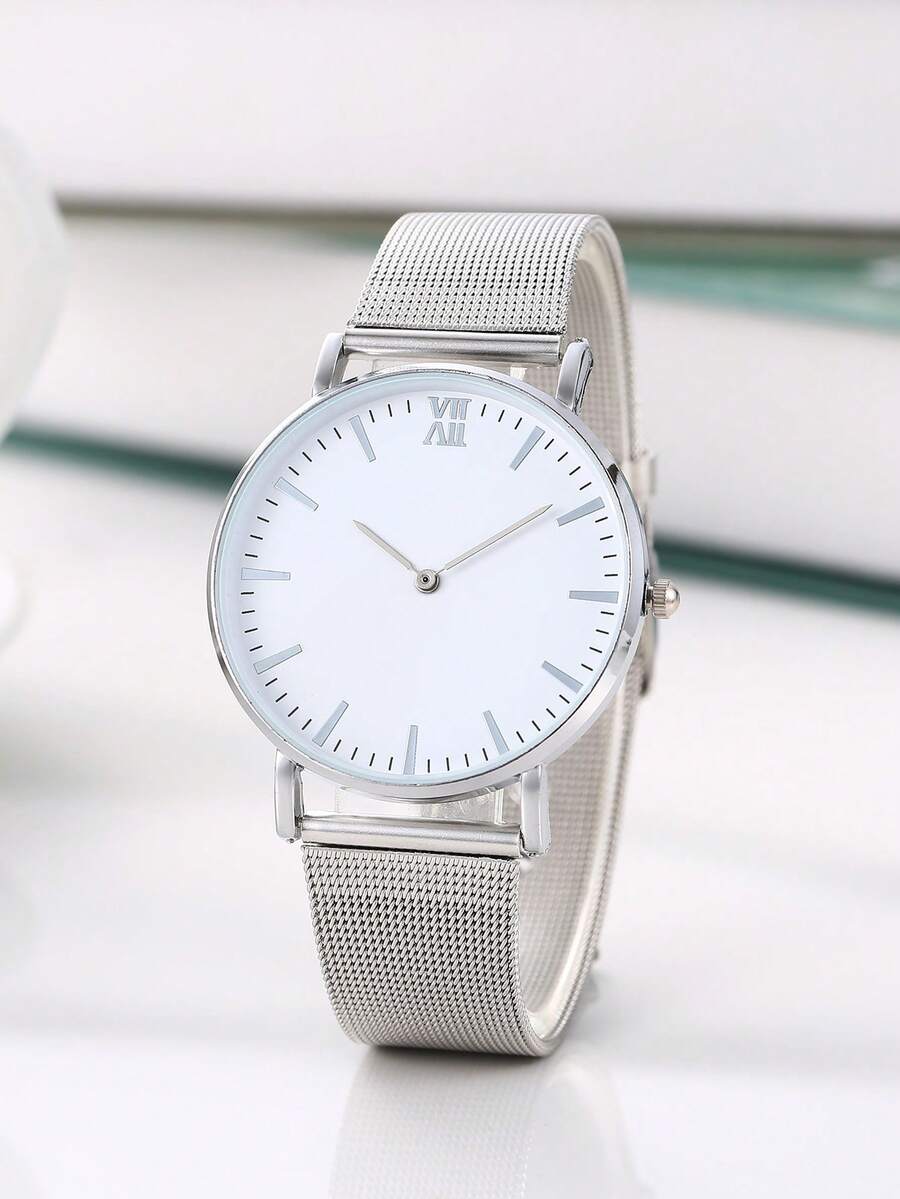 1 pieza Reloj de cuarzo de moda minimalista para hombres con correa de malla/acero - Blanco - Ver 1