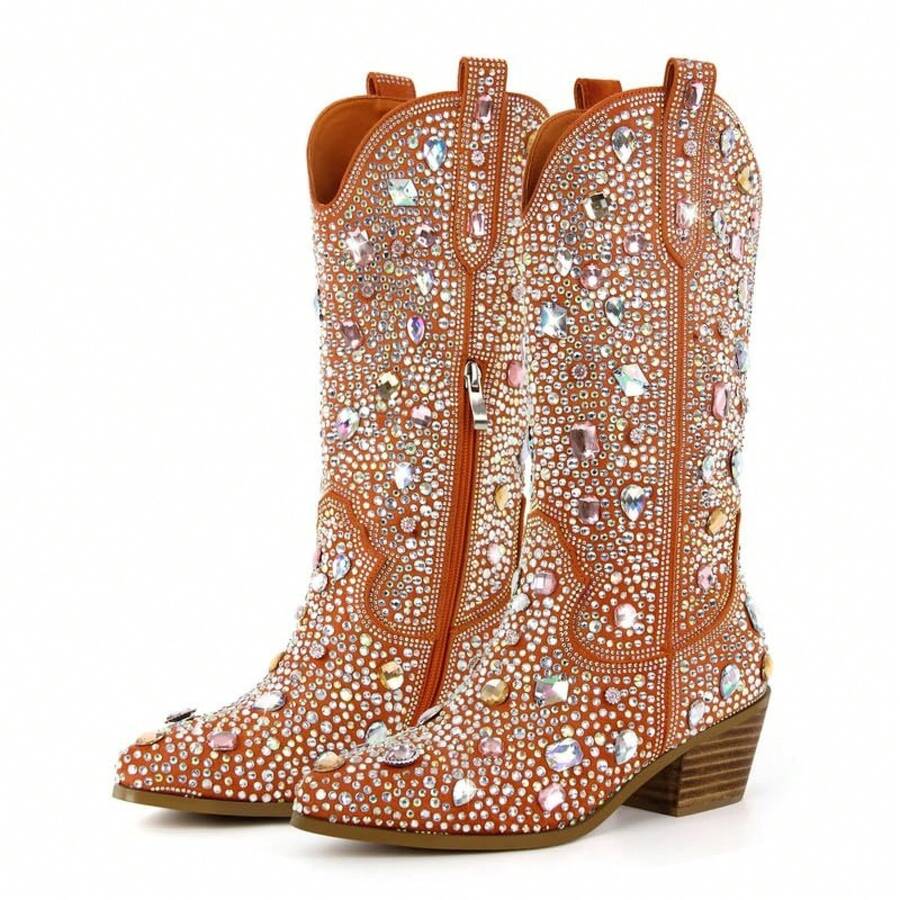 Women's Rhinestone Cowboy Boots, Mid-Calf Western Boots, Sparkling Women's Cowboy Boots, 2-Inch Heel, Slip-On Mid-Calf Boots, Stylish Riding Boots - 寶石橙 - 查看 1