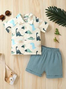 2 piezas Conjunto de camisa con estampado de dinosaurio lindo y cómodo + pantalones cortos deportivos de unicolor para bebé niño, Conjunto de ropa de verano para bebé niño, Conjunto de ropa para niño pequeño, Adecuado para uso diario, vacaciones, fiestas y actividades al aire libre - Multicolor - Ver 4