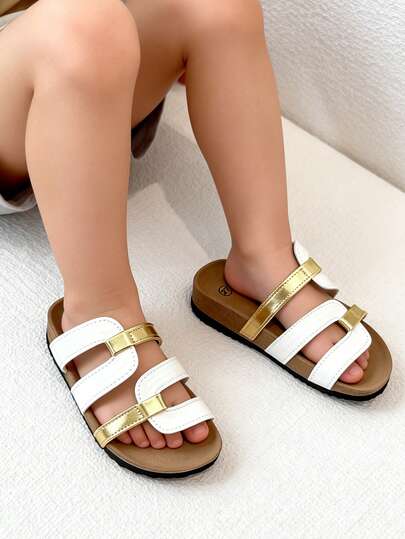 Kids' Colorblock Cork Bottom Slippers, Summer White & Gold Striped Slide Sandals, Unisex Non-Slip Durable Outdoor Beach Vacation & Casual Wear