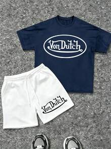 Mens Creative T Shirt And Shorts Set American Vintage Full Print Street Wear Essential T Shirt Set Men Graphic T Shirt And Shorts Set With Vonn Dutch Originals Logo Print - 藏蓝色 - 查看 1