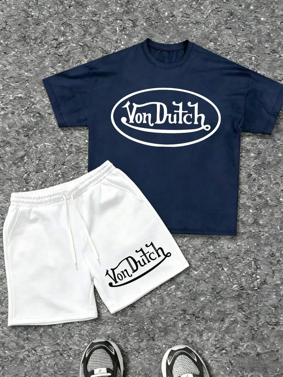Mens Creative T Shirt And Shorts Set American Vintage Full Print Street Wear Essential T Shirt Set Men Graphic T Shirt And Shorts Set With Vonn Dutch Originals Logo Print - 藏蓝色 - 查看 1