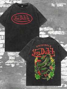 Mens Clothes;Summer TopsMen Washed Cotton Streetwear Brand Originals Vons Dutchs Snake And Clover Print Casual Tee For Daily Wear Doors| Front And Back Print| Vintage Heavyweight T Shirt| Perfect Gift| Loose Comfortable Breathable| Machine Washable Fabric| Hip Hop Cool Style| Drippy Clothes| Y2Ksummer Outfits IDHU - Black - View 2