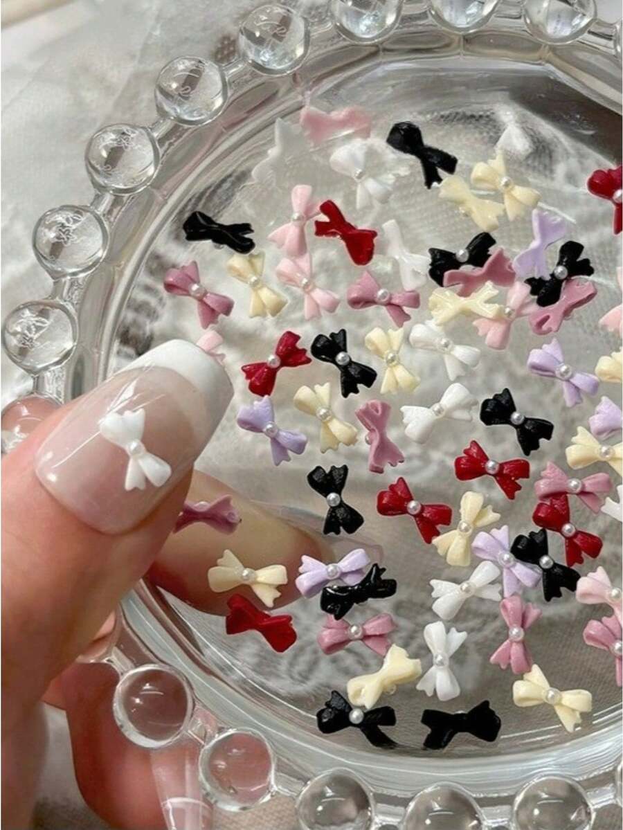 50pcs Mixed Solid Color Resin Bowknot 3D Nail Art Decorations, Cute Line Bowknot Nail Charm DIY French Manicure Accessories - Multicolor - View 1