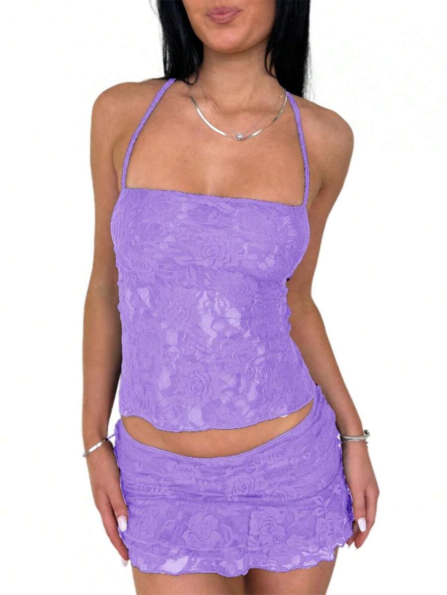 Women Y2k Lace Outfit Tie Back Sleeveless Crop Tops Low Rise Mini Skirt 2 Piece Set For Party Club - 淡紫色 - 查看 1