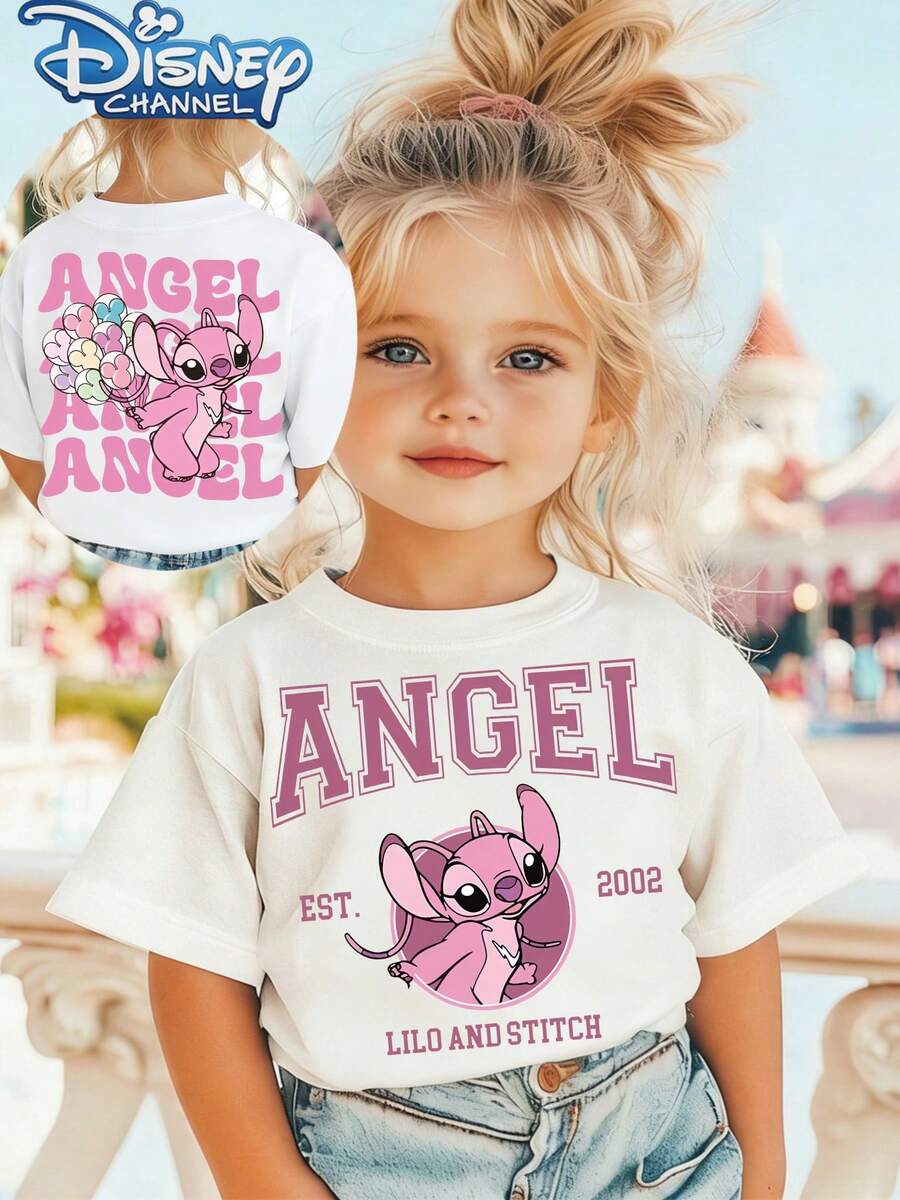 1 Disney Stitch Angel Pattern Printed Fashionable Children's Round Neck T-Shirt. Made Of 100% Pure Cotton Material, Soft And Comfortable, Suitable For Daily Wear, Vacation, Outdoor Exploration, Campus Life, And Shopping Trips. As A Must-Have Item For Summer, It Is Also An Excellent Gift Choice. - 白色 - 查看 1
