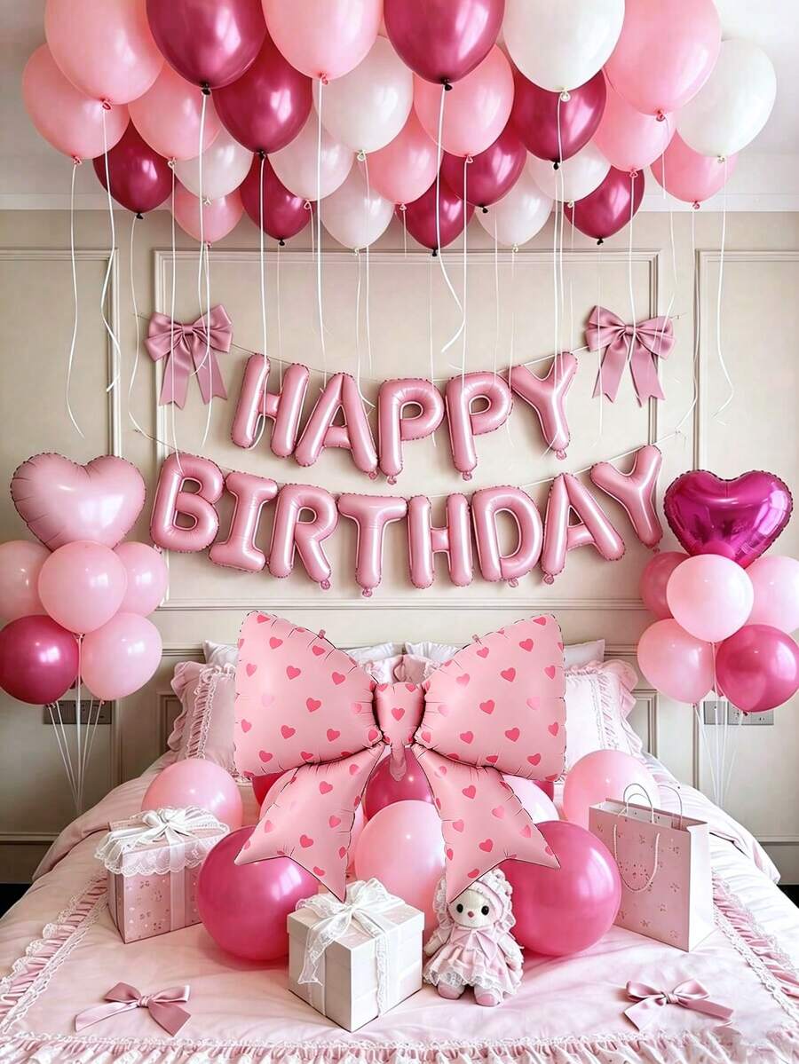 46件組粉色生日裝飾套組,包含粉色「Happy Birthday」橫幅、心形鋁箔氣球、蝴蝶結氣球,適合公主風生日派對裝飾、蝴蝶結主題派對用品、情人節、告白場景裝飾派對 - 彩色 - 查看 1
